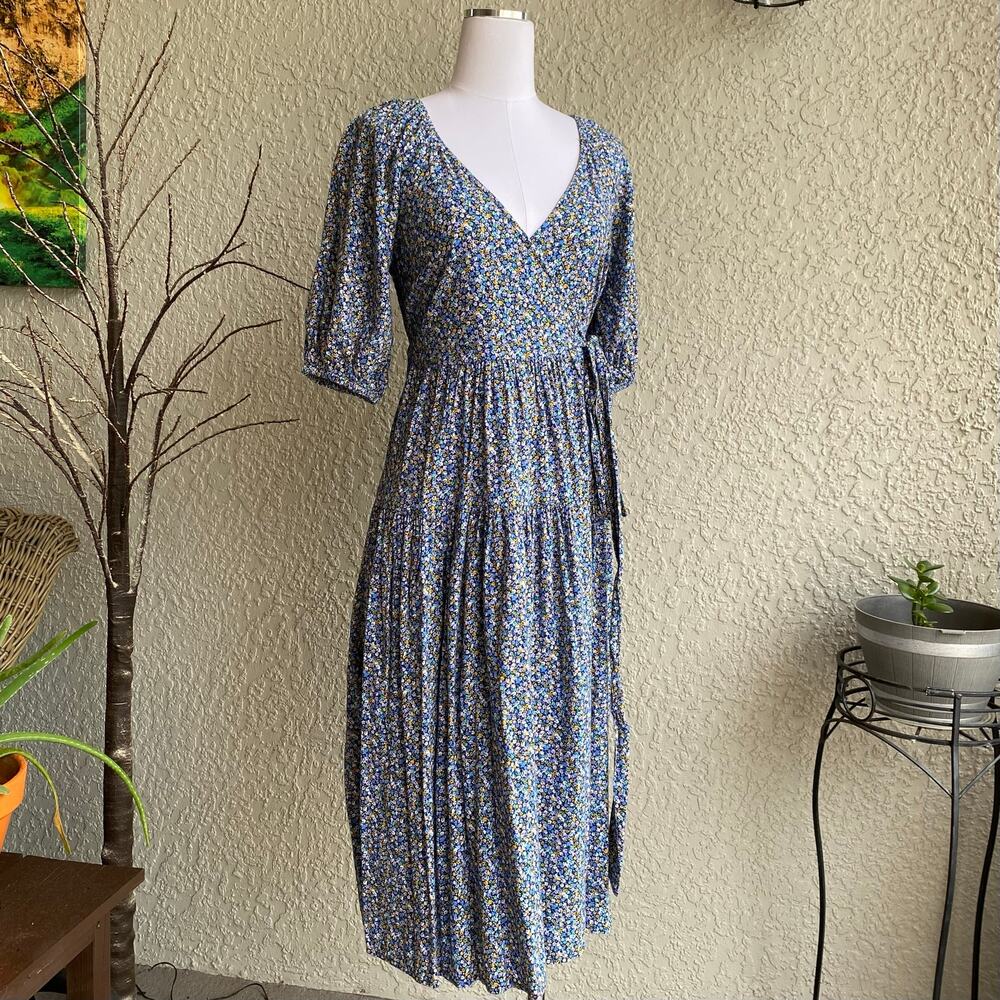 Old Navy Wrap Midi Dress Floral Puff Sleeve V Neck Blue XS Cottagecore Preppy